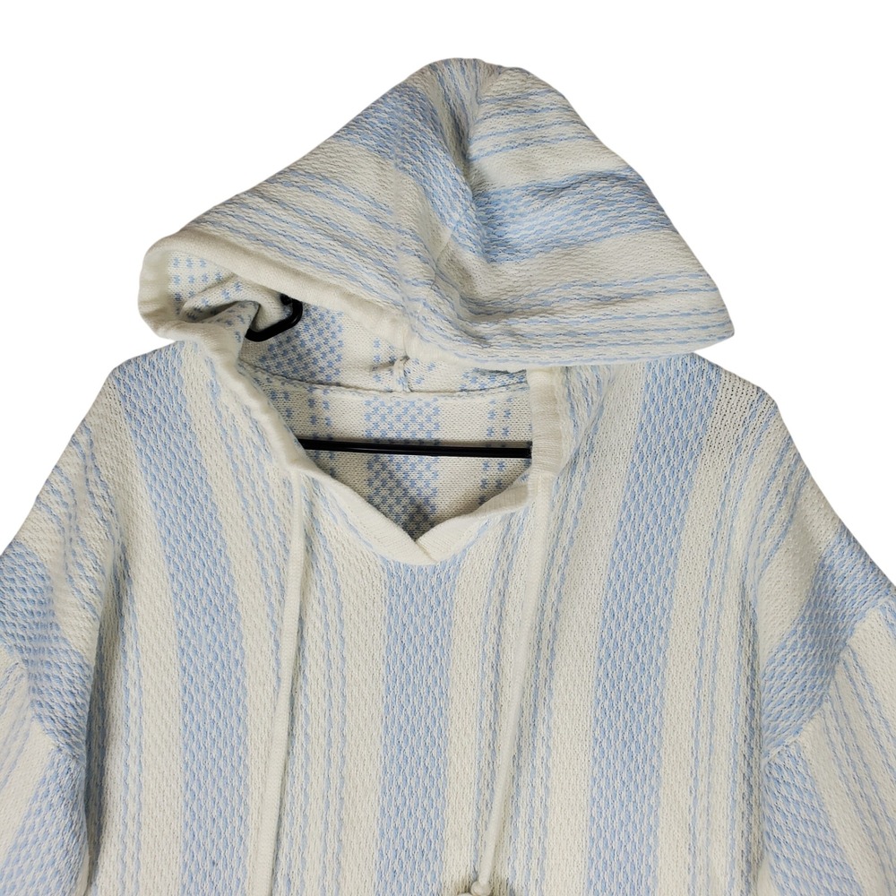 Baja Knit Hoodie Light Blue Cream Striped Pom Pom Pullover RT5555 XL